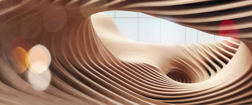 Anamorphic video abstract of wooden pattern, twisted shape, architecture details, Perspective of future building design, Parametric wall. 3D animation.