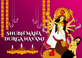 Vector illustration of Shubh Maha Navami Durga Indian Goddess Durga killing Mahishasura. maha navami, durga navami, subho maha navami
