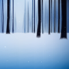 Blurred, out of focus winter background, gloomy forest with trees and snow.