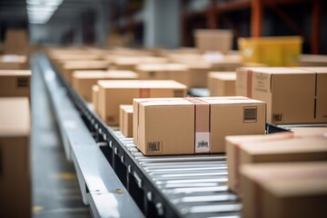 Close-up of multiple cardboard box packages on conveyor belt