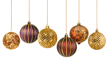 Six gold and warm colors decoration Christmas balls collection hanging isolated