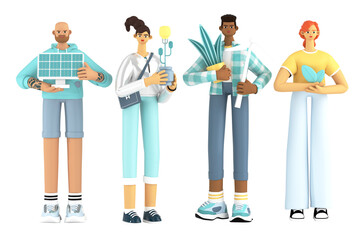 The company of friends for environmentally friendly energy sources: environment and green energy. The concept of renewable sustainable development of green, safe eco-energy. 3d render illustration.