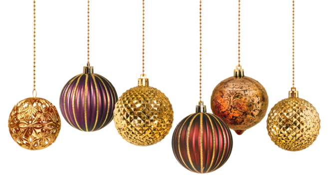 Six gold and warm colors decoration Christmas balls collection hanging isolated