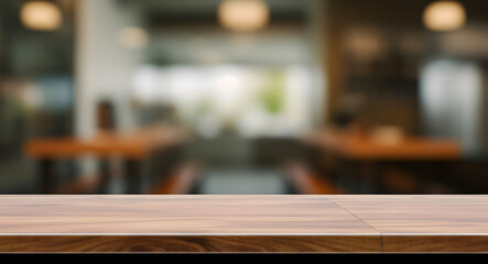 Empty wooden table with lights bokeh on blurred restaurant background.