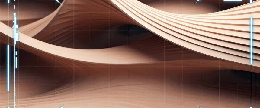 Anamorphic video abstract of wooden pattern, twisted shape, architecture details, Perspective of future building design, Parametric wall. 3D animation.
