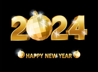 Golden Happy New 2024 year  background with xmas ball,  vector illustration