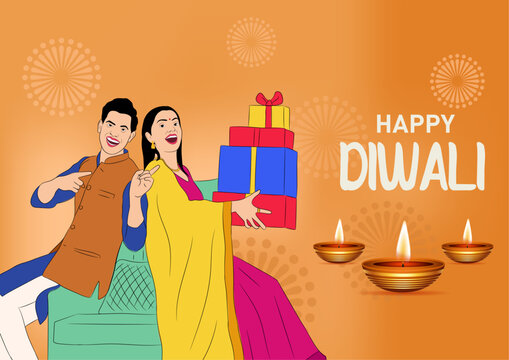 Vector illustration poster of Happy Diwali, smiling couple sitting on sofa and holding gifts in hand, diya and rangoli design on orange background. happy diwali, diwali, deepavali, happy diwali images
