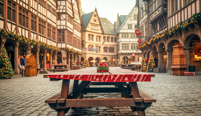 Christmas street and xmas cafe  in old medieval city. Square decorated to Christmas time at...