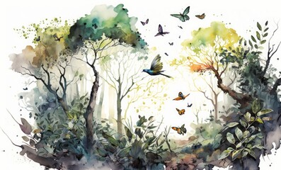 watercolor painting of a forest landscape with birds, butterflies and trees, Generative AI