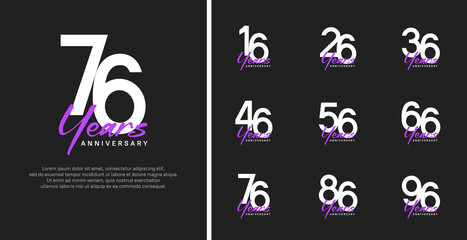set of anniversary logo flat white color number and purple text on black background for celebration