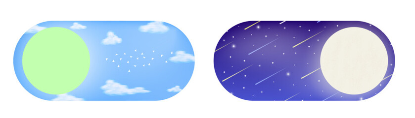 Day and Night Toggle Switch Concept. Sun and Moon buttons. AM and PM Slide interface theme with bright blue sky with clouds and starry night with comet. Vector Illustration.  © Ja Creatives