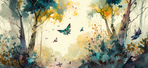 watercolor painting of a forest landscape with birds, butterflies and trees, Generative AI