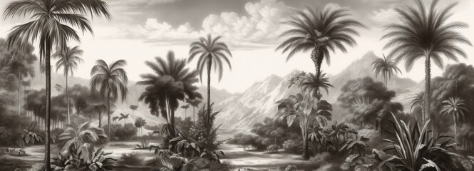 Vintage wallpaper - an oasis of palm trees, mountains with birds with a black and white background, Generative AI