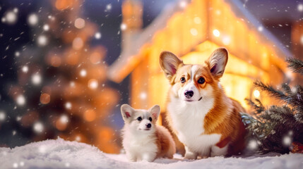 Fototapeta na wymiar Winter family holiday concept with adorable corgi dog and cute corgi puppy on blurred snowy winter background with decorated house. Christmas or New Year card. Christmas vacations. Copy space