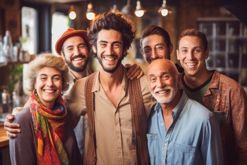 a group of people standing together in a bar,