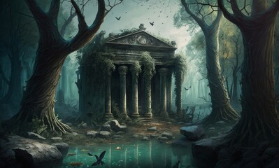 Landscape ruins of forest and trees with peacock birds and ancient roman temple, Generative AI