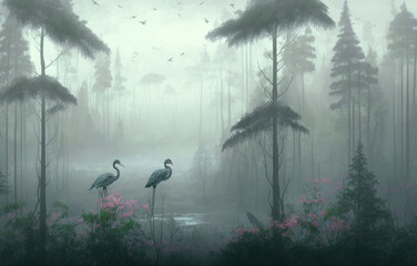 Wallpaper jungle with birds Grus grus in forest flower with fog, Generative AI