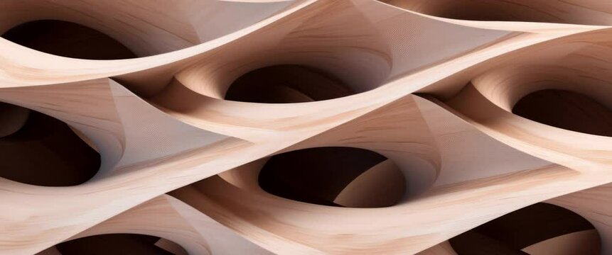 Anamorphic video abstract of wooden pattern, twisted shape, architecture details, Perspective of future building design, Parametric wall. 3D animation.