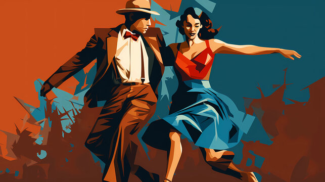 artistic colorful illustration of a lindy hop dancing couple in a retro outfit