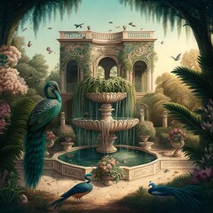 Wallpaper landscape of an old mansion garden with a garden with trees, flowers and a fountain with peacocks, birds and butterflies, Generative AI - obrazy, fototapety, plakaty