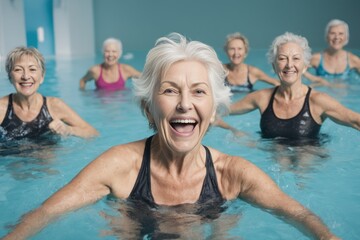 Fototapeta premium Active senior women enjoying aquagym class in a pool, displaying joy and camaraderie, embodying a healthy, retired lifestyle