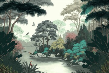 jungle with birds in forest trees on the lake with colors background, Generative AI