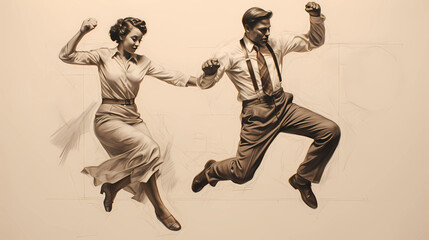 artistic black and white illustration of a lindy hop dancing couple in a retro outfit