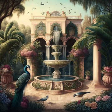 Wallpaper landscape of an old mansion garden with a garden with trees, flowers and a fountain with peacocks, birds and butterflies, Generative AI