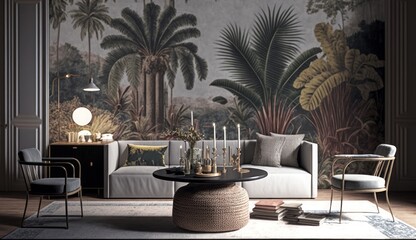 Living room with tropical palm trees wallpaper on a grey background, sitting, table, ornamental plants and wall lighting, Generative AI