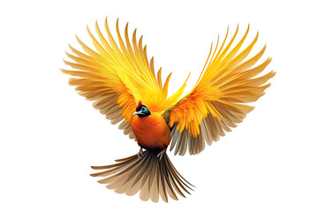 Bird of Paradise flying cut out transparent isolated on white background ,PNG file ,artwork graphic design ,Generative AI