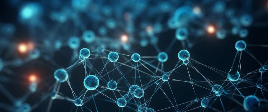 Anamorphic video abstract spheres molecular structure neural network. Blockchain and artificial intelligence concept. 3d animation.