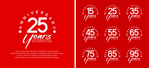 Naklejka premium set of anniversary logo flat white color number and white text on red background for celebration