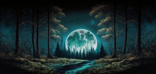 wallpaper of forest at night with the bright moon and trees in an enchanting landscape, Generative AI