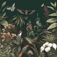 wallpaper vintage jungle pattern with birds plants and flowers and grey background, Generative AI