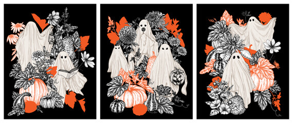 Set of 3 vector Halloween posters in engraving style with ghosts surrounded by autumn flowers and pumpkins