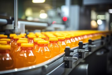 Drink factory production line at conveyor belt. Fruit juice beverage product.