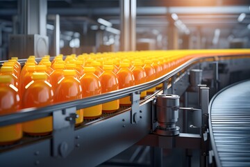 Fototapeta premium Drink factory production line at conveyor belt. Fruit juice beverage product.