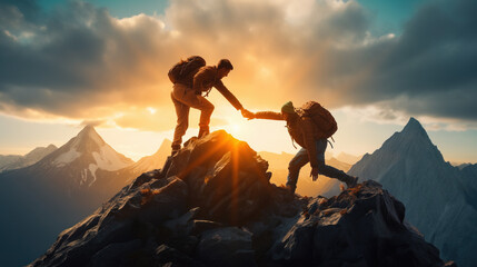 Close-up of Hiker helping friend reach the mountain top