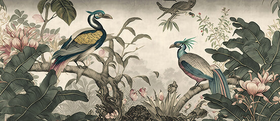 wallpaper jungle pattern and tropical forest banana palm and tropical birds peacock birds old drawing, Generative AI - obrazy, fototapety, plakaty