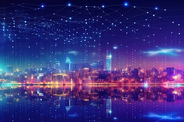 Obraz premium Smart city and big data connection technology, abstract line connection on night city background, communication network concept, Data storage, service, online, financial, Connectivity global