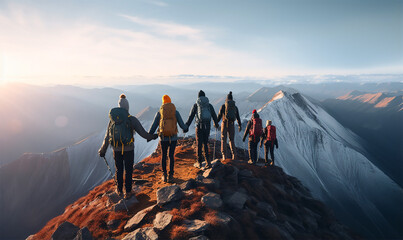 A group of friends holding hands near the summit of a mountain, symbolizing teamwork and collective achievement - obrazy, fototapety, plakaty
