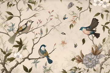 Wallpaper of flowers, leaves and branches with birds and beige background, Generative AI