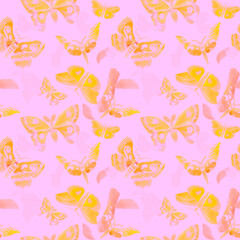 Watercolor drawn Twilight moth. Seamless pattern with hawk moth silhouette. Yellow Moth on pink background. Illustration of large flying insects with open wings. Drawing summer butterflies.