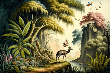 Jungle wallpaper, tropical forests with valleys, deer, colorful birds and butterflies, Generative AI