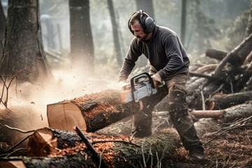 Man cutting down trees in forest. Generate Ai
