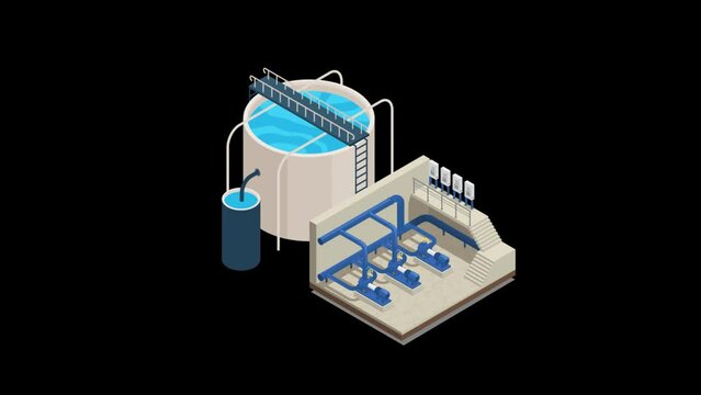 Animated icon of a water tank with water and pipes
