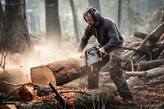 Man cutting down trees in forest. Generate Ai