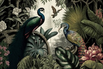 wallpaper jungle and tropical forest flamngo and tropical birds, old drawing vintage peacock, Generative AI