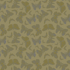 Watercolor Twilight moth silhouette on beige background. Seamless pattern of hawk moths with brown and blue wings in vintage style. Illustration of large flying insects with open wings.
