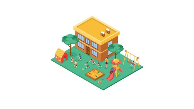Animated kindergarten icon. Children, house, swing